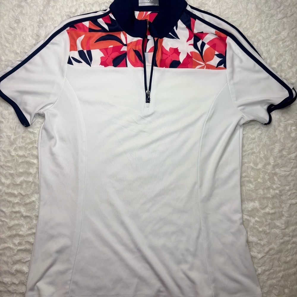 Callaway Women's White and Navy Polo Shirt with Floral Design